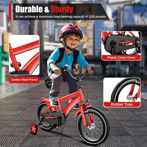 Vista 4 de Bicicleta de montaña roja de 14 pulgadas para niños, con altura ajustable, bicicleta para niños de 2 a 4 años, bicicletas para niños y niñas