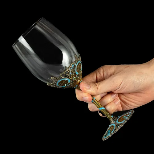 Vista 3 de Copas de vino transparentes hechas a mano, copas de vino tinto, juego de 2 Copas florales esmaltadas en azul, diseño artesanal, juego de 2