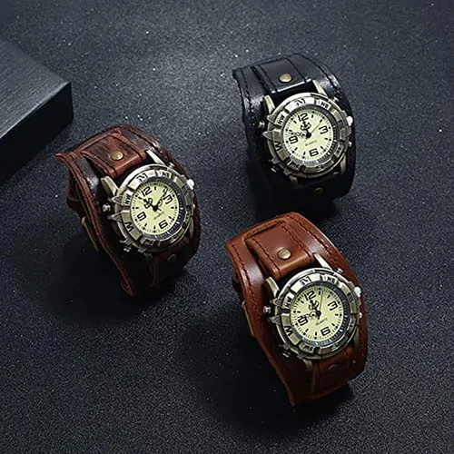 Vista 4 de Pulsera de reloj retro punk de cuero genuino para hombre, estilo hip hop, versátil