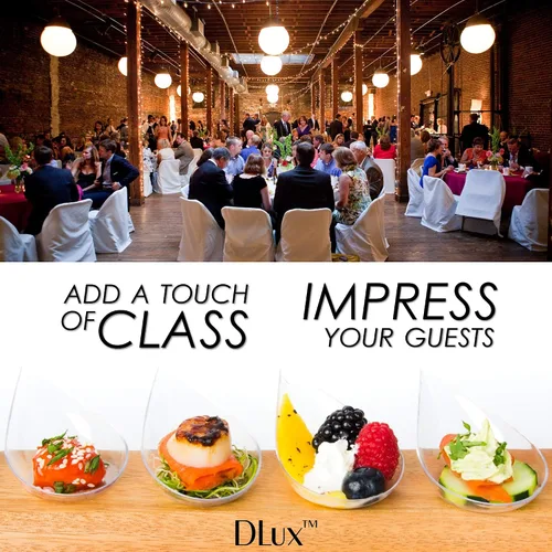 Vista 5 de DLux 100 mini platos de aperitivo en forma de lágrima de 4 pulgadas con tenedores, cucharas de plástico transparente reutilizables - platos