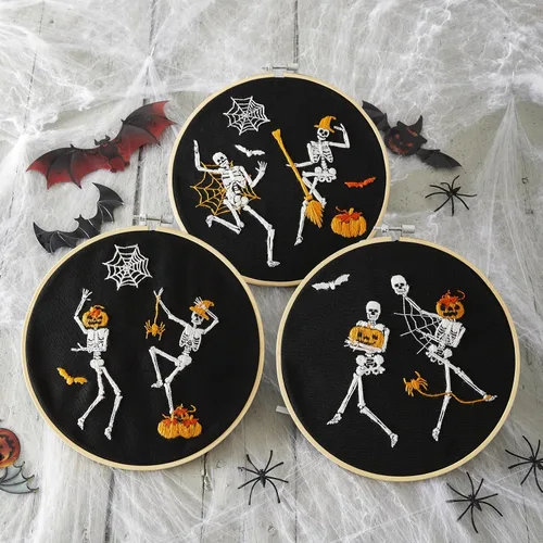 Vista 3 de Kit de bordado de Halloween para adultos principiantes, kit de punto de cruz estampado para adultos principiantes, divertido kit de iniciación