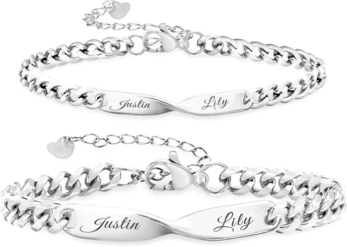 Vista 8 de Juego de pulseras de cadena de infinito personalizadas, grabado con nombre personalizable, longitud ajustable con dije de corazón, a juego con joyas