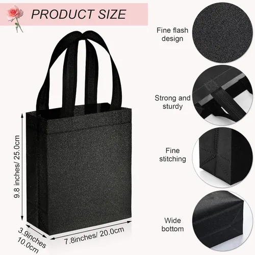 Vista 2 de Woanger Paquete de 48 bolsas de regalo con purpurina con asa, reutilizables, no tejidas, con purpurina para bodas, cumpleaños, despedidas de Negro