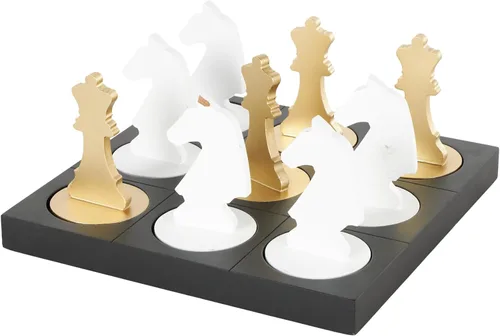 Vista 2 de Deco 79 Juego de ajedrez de madera para decoración del hogar, juego de mesa decorativo con piezas doradas y blancas, juego de mesa de 12 x 12 x 6