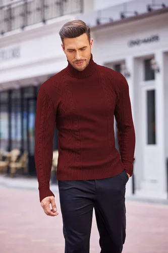 Vista 3 de COOFANDY Suéter de cuello alto ajustado para hombre, suéter de punto trenzado casual