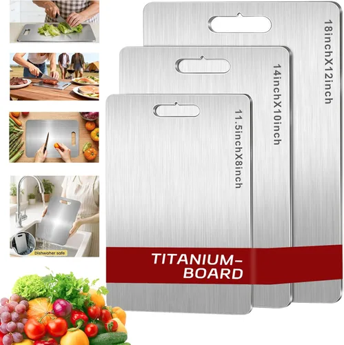 Vista 8 de Juego de 3 tablas de cortar de titanio, 3 tablas de cortar de acero inoxidable, tablas de cortar antiadherentes de doble cara de grado alimenticio