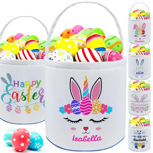 Vista 12 de Cesta de Pascua personalizada con nombre para niñas, niños y niños, cesta de Pascua personalizada bolsas de regalo para caza de huevos de Pascua