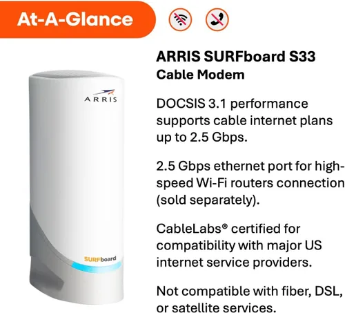 Vista 2 de ARRIS SURFboard S33 DOCSIS 3.1 - Módem de cable Multi-Gig Puertos Ethernet de 2.5Gbps + 1Gbps Funciona con Xfinity, Cox, Spectrum Para planes