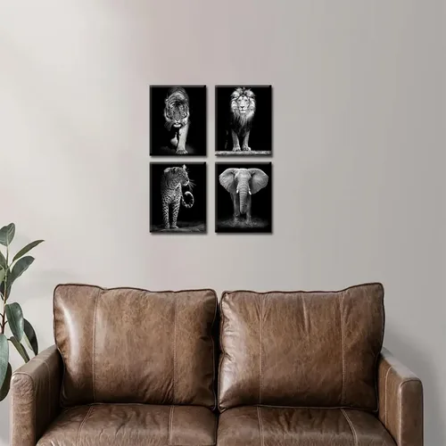 Vista 5 de Lienzo decorativo para la pared de vida silvestre en blanco y negro, juego de 4 pósteres enmarcados de animales de safari africanos, 8 x 10