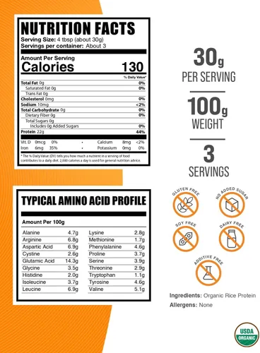 Vista 2 de BulkSupplements. com Proteína de arroz orgánica en polvo, proteína vegetal vegana, sin sabor, vegana y sin gluten, 1.06 oz por porción, 100 g