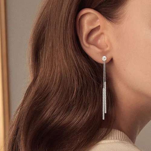 Vista 3 de Aretes colgantes de perlas para mujer, plata de ley 925, perlas de agua dulce, piedra natal de junio, aretes colgantes de perlas largas, regalos
