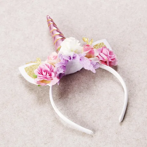 Vista 4 de Nishine Diadema floral de cuerno de unicornio con orejas con purpurina para la cabeza de caballo, para niñas, fiestas, cumpleaños, cosplay