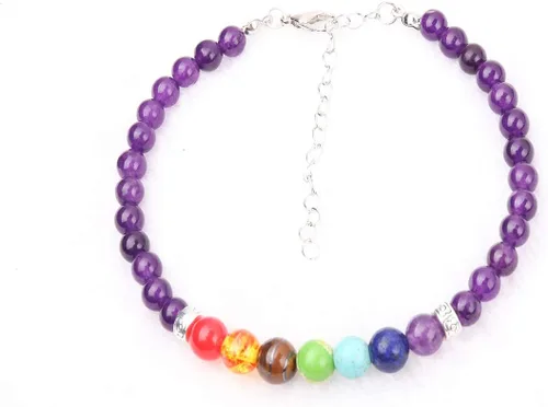 Vista 2 de REEBOOOR Tobillera de 7 chakras, regalo de yoga, tobillera de chakras, joyería bohemia de amatista, pulsera de tobillo curativa, meditación