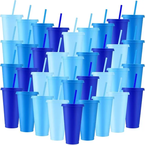 Vista 29 de Skylety - 12 vasos de plástico con purpurina azul con tapas y pajillas, 24