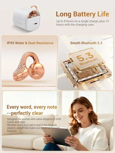 Vista 6 de JewelPods C01 Pro Auriculares de Oreja Abierta, Auriculares Inalámbricos Bluetooth con Clip, con Cristal, Seguros, Ligeros, Cómodos, Audio Premium