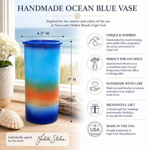 Vista 3 de Handmade USA Ocean Blue VASE - 9" H x 4.5" W Perfect Pottery Wedding Gift Individually Signed by Award-Winning Artist Judith Stiles in Cape Cod
