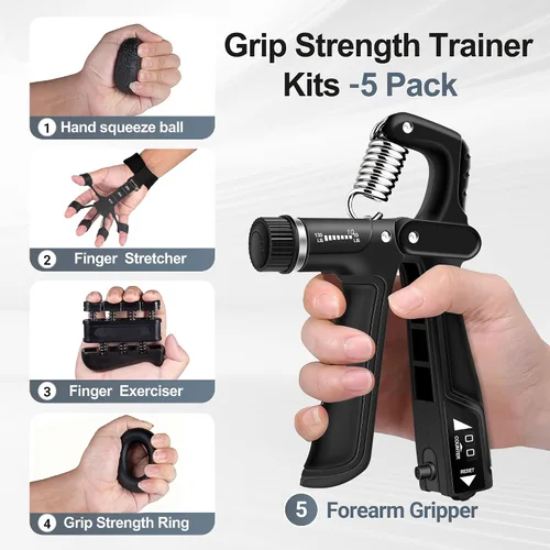 Vista 2 de Kits de entrenamiento de fuerza de agarre (paquete de 5), fortalecedor de antebrazo con resistencia ajustable, probador de fuerza de agarre