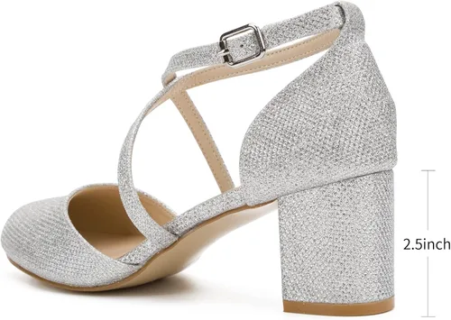 Vista 3 de Greatonu Zapatos de vestir de tacón bajo para mujer, puntera redonda cerrada, correa cruzada, para boda, novia, fiesta, oficina
