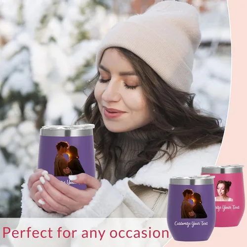 Vista 7 de Vasos de vino personalizados con nombres y fotos con tapa para mujeres, juego de vasos de vino aislados personalizados de acero inoxidable, regalos