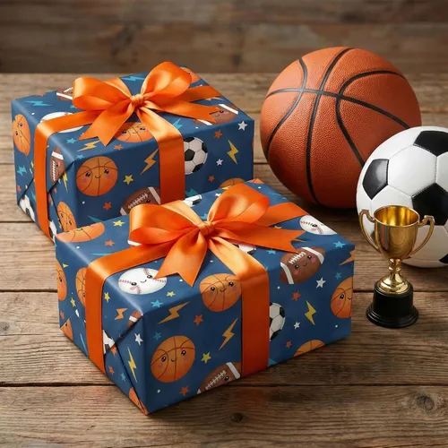 Vista 4 de SaringSwoon Papel de regalo para baby shower para niños y niños, papel de regalo de pelota deportiva azul con diseño de baloncesto, fútbol, béisbol