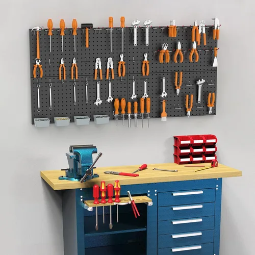 Vista 2 de WALMANN Kit de tablero de clavijas de metal con accesorios para pared, herramientas de garaje, sistema de tablero de clavijas para garaje, banco