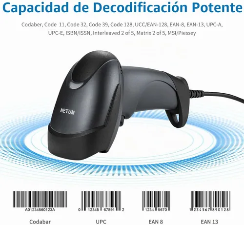 Vista 4 de NETUM Escáner de código de barras USB láser, escáner de código de barras 1D manual con cable para lectura de UPC EAN, pistola para venta al por