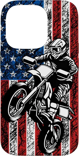 Vista 17 de Funda vintage con bandera estadounidense para iPhone 16 Motocross Dirt Bike
