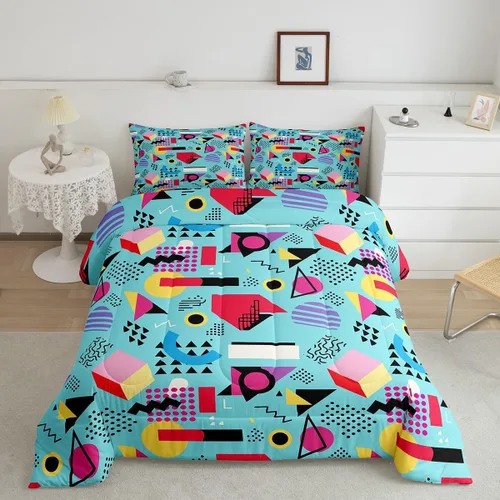 Vista 34 de Juego de edredón de estilo retro de los años 80, juego de ropa de cama de patrón geométrico abstracto, diseño urbano moderno con círculos