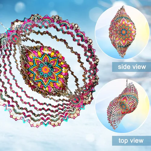 Vista 4 de Mandala Blossom Wind Spinner - Molinillos de Viento de Metal Escultura de Viento Colgante Cinética 3D de 12 pulgadas Cortada con Láser