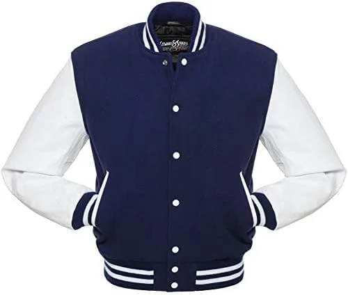 Vista 5 de Stewart & Strauss Chaqueta Varsity Letterman original desde 1977 (48 colores del equipo) Lana y cuero XXS a 6XL