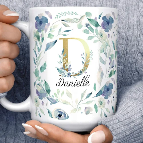 Vista 2 de Personalized Pansy Floral Monogram Ceramic Coffee Mug, 11 or 15 oz