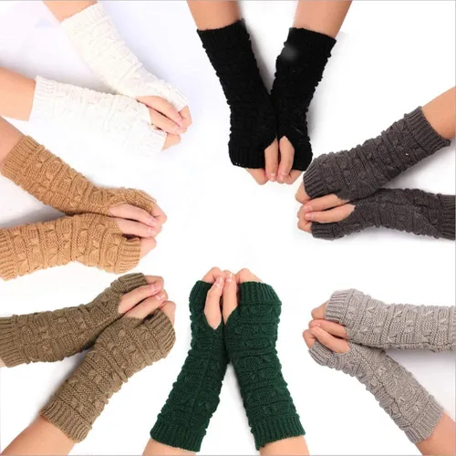 Vista 2 de Surakey Guantes de punto sin dedos para mujer, manoplas, calentadores de brazos, guantes largos de cachemira con agujero para el pulgar, guantes