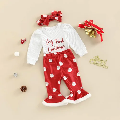 Vista 6 de Gueuusu Conjunto de 2 piezas de ropa de Navidad para bebé niña, sudadera con diseño de flores y Papá Noel, 2 piezas