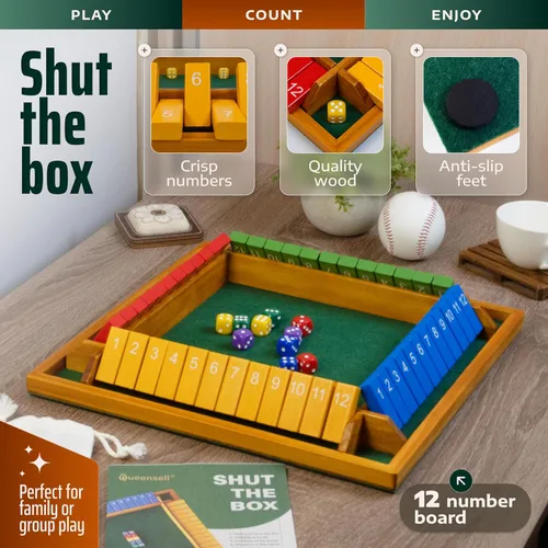 Vista 4 de Shut The Box Game Tablero de madera para 4 jugadores, juego de 14 pulgadas, 12 números para adultos y niños, ideal para noche