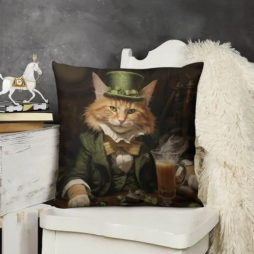 Vista 15 de Fundas de almohada de granja con diseño de feliz día de San Patricio con un gato en un sombrero de trébol, fundas de almohada de terciopelo