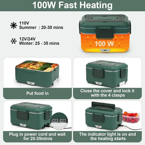 Vista 3 de Fiambrera eléctrica para adultos, 100 W, 3.5 L, calentador de alimentos portátil de 2 capas para hombres, modo dual de 2.5 L + 1 litro, lonchera