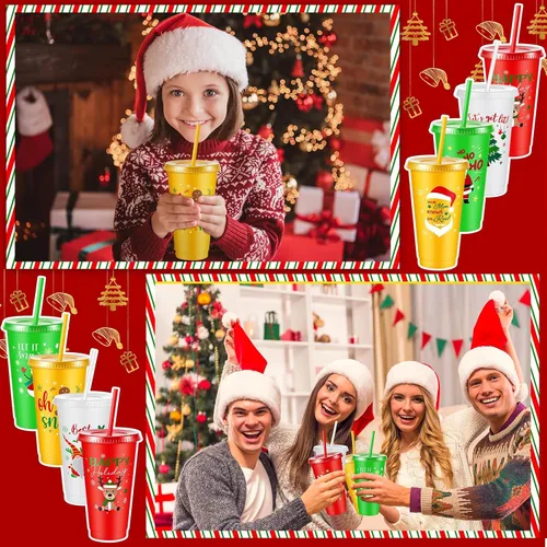 Vista 6 de 32 vasos de plástico de Navidad con tapas y pajitas de 24 onzas, reutilizables, para fiestas de Navidad, vasos de plástico para suministros