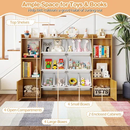 Vista 4 de HONEY JOY Organizador de almacenamiento de juguetes para niños, armario de madera de 56.5 pulgadas de largo con 8 contenedores extraíbles, estantes