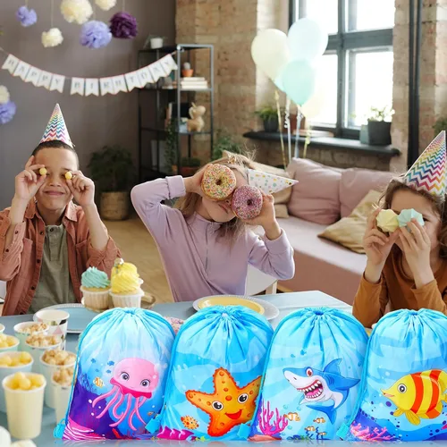 Vista 5 de Paterr Paquete de 12 bolsas de mochila con cordón para fiesta de animales del océano, bolsas de regalo de fiesta bajo el mar, bolsas de golosinas