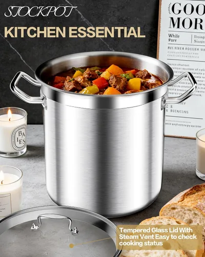 Vista 7 de STOCKPOT Olla de acero inoxidable de 20 cuartos de galón con tapa de vidrio templado, base de 3 capas, 8.8 libras, acabado pulido, adecuada