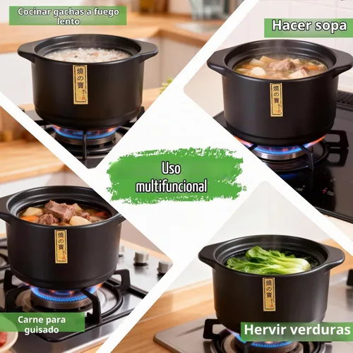 Vista 6 de Olla de cerámica de 2.1 cuartos de galón – Auténtica olla japonesa de arcilla Donabe – Olla de barro para cocción lenta, cazuela con tapa verde