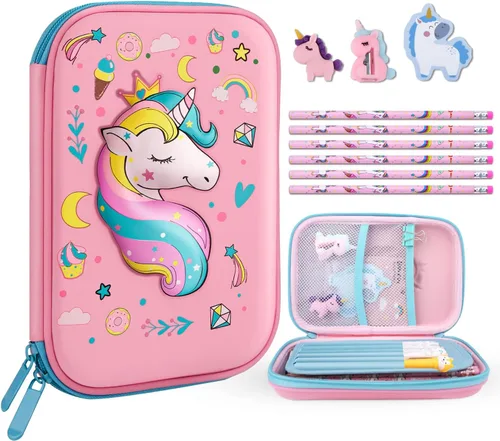 Vista 10 de homicozy Estuche para lápices para niños, bonito juego de papelería de dinosaurio para niños, organizador de lápices escolar de EVA 3D
