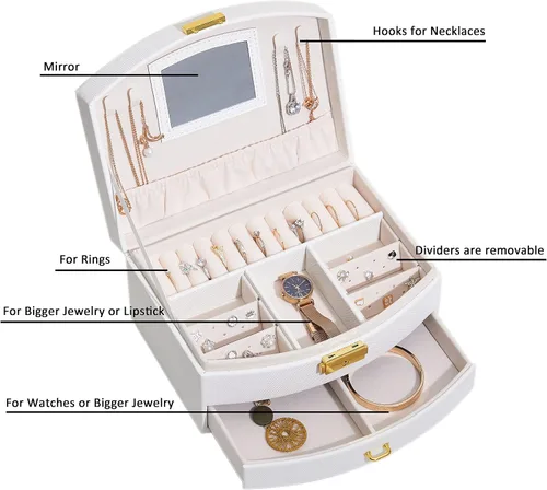 Vista 2 de The Jewellery Pak Caja organizadora de joyas de lujo de color blanco, espejo de piel sintética de alta calidad, exterior de terciopelo suave al