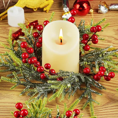 Vista 5 de 6 coronas de anillo de vela de Navidad, bayas rojas artificiales, ramas de pino, hojas, anillos de vela para pilares, portavelas de pilares Paquete
