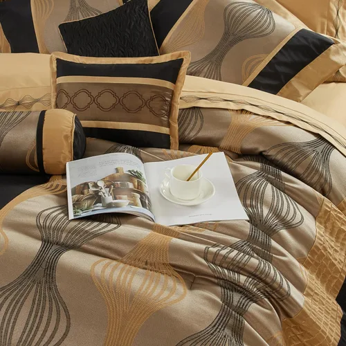 Vista 3 de Grand Avenue - Juego elegante de edredón negro y dorado, a rayas, 7 piezas de juego de cama de jacquard con edredón para todas las estaciones