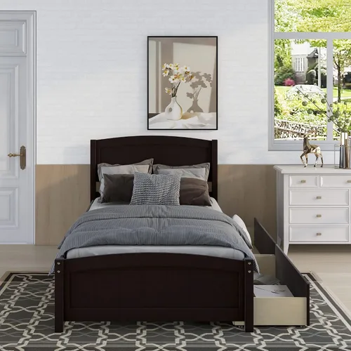 Vista 3 de Harper & Bright Designs Base de cama individual, plataforma de madera con dos cajones, cabecero, estribo y soporte de listones de madera (expreso)