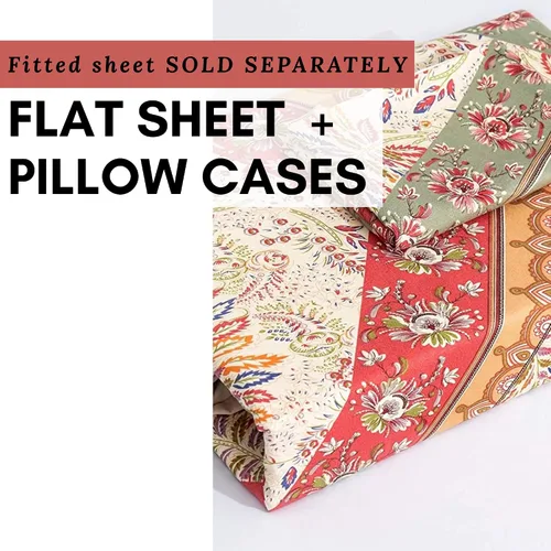 Vista 4 de DaDalogy Bedding - Sábana encimera botánica floral solo con 2 fundas de almohada, patrón de filigrana de cachemira cheurón bohemio, colorido, rojo