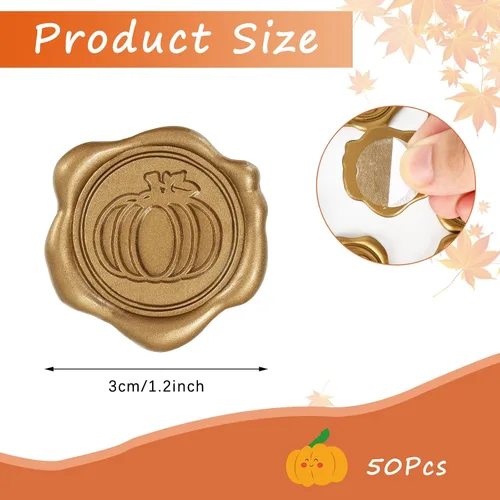 Vista 2 de Whaline 50 calcomanías de sello de cera de otoño, calcomanías de sello de calabaza de otoño, calcomanías 3D vintage doradas autoadhesivas en relieve