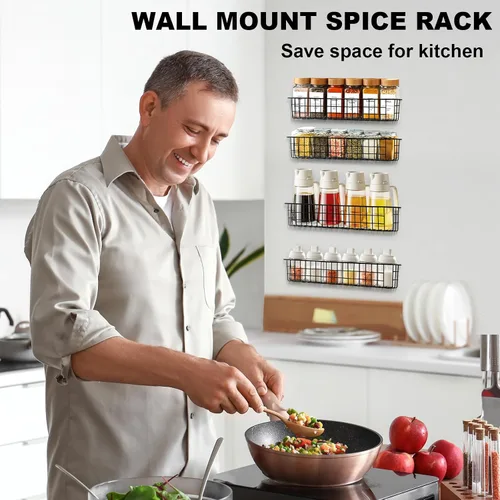 Vista 2 de Organizador de especias para montaje en pared, paquete de 2 cestas de almacenamiento de alambre negro para pared o puerta de gabinete en cocina