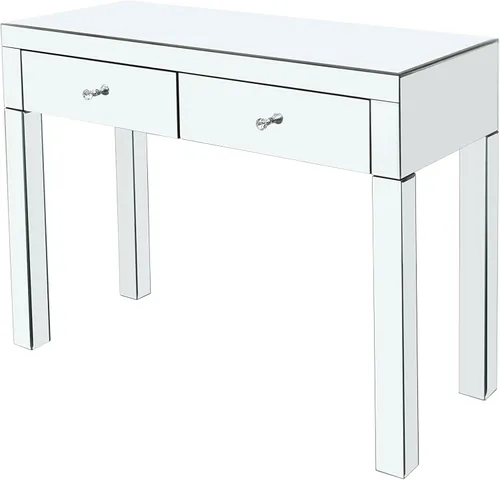 Vista 7 de Moderna mesa de consola plateada con espejo con 2 cajones de almacenamiento, escritorio rectangular de tocador, mesa de tocador de maquillaje